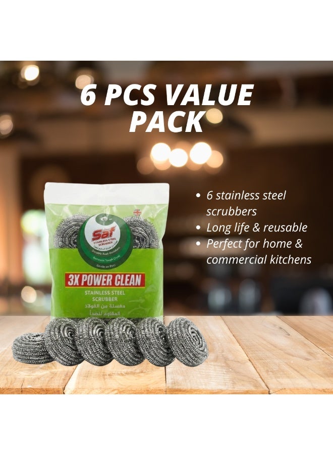 SAF Stainless Steel Spiral Scrub Sponge – Pack of 6, Heavy Duty Metal Scouring Pads for Kitchen Cleaning, Removes Tough Grease & Burnt Food, Reusable Dish & Cookware Scrubbers - Image 3